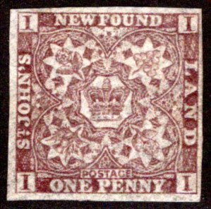 1, NSSC, Newfoundland, 1d, 1 penny, (22 x 22.5 mm), VF, brownish claret, MLH