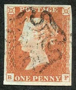 1841 Penny Red (BF) SUPERB four margins with black cross