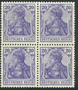 GERMANY 1905-19 20pf Violet Blue PRE WAR PRINTING GERMANIA BLOCK OF 4 Sc 84g MNH