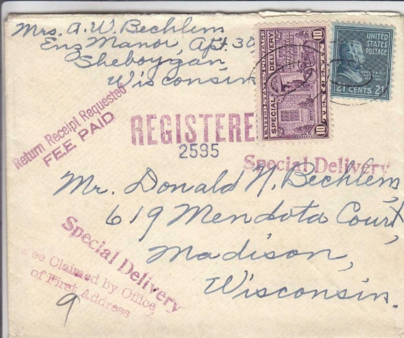 1940, Sheboygan to Madison, WI, 21c Prexie, Registered, See Remark (36029) 