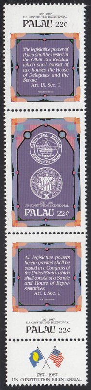 Palau 1987 MNH Sc 160a 22c Constitution Articles Triptych plus label