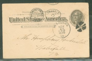 US UX12 Postcard, The Plains, VA, Nov 25, 1895, to Waterfall, VA, with a machine marking Washington, DC, Nov 26, described as tr