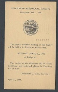 1935 PC Fitchburg Ma Historical Society Meeting