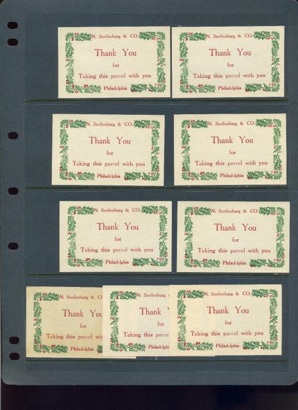 9 VINTAGE N. SNELLENBURG & CO. PARCEL HOLIDAY X-MAS POSTER STAMPS LABELS (L520)