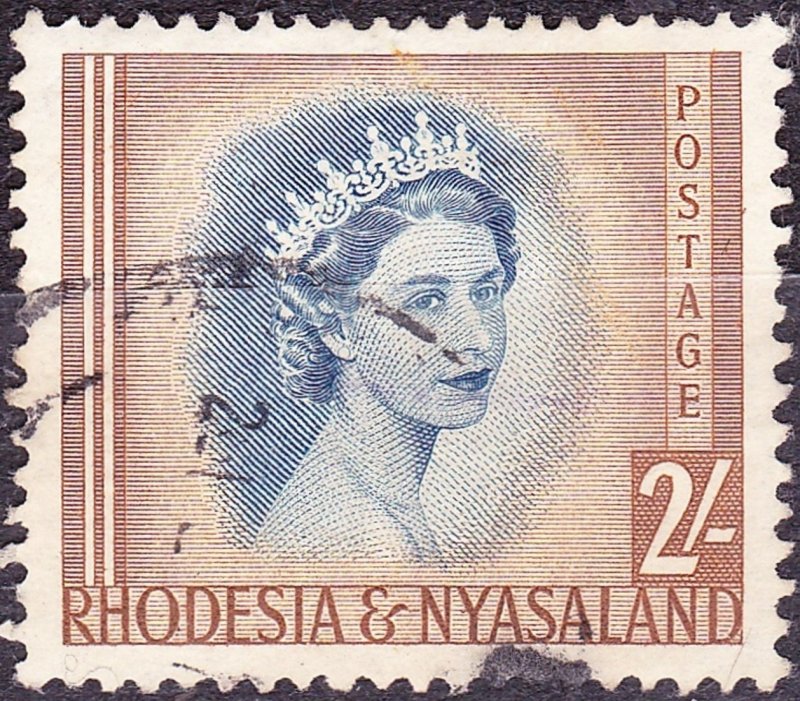 RHODESIA & NYASALAND 1954 EQII 2/- Deep Blue & Yellow-Brown SG11 Used