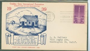 US 852 1939 3c Golden Gate International Exposition on an addressed first day cover with a Cal-craft cachet.