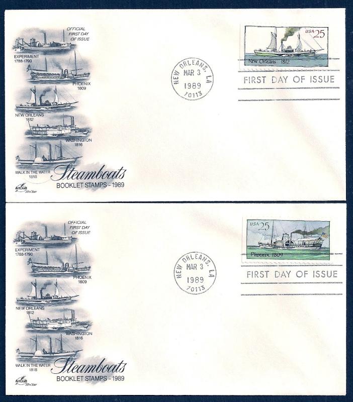 UNITED STATES FDCs (5) 25¢ Steamboats 1989 ArtCraft