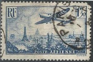 France C9 (used, pulled corner ur) 1.50fr plane over Paris, blue (1936)