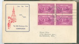 US 798 1937 3c radification of the u s constitution, 150th anniversary, block of 4 on an addressed, typed FDC (2nd day cover), f