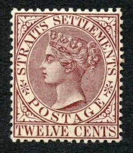 Straits Settlements SG67 12c Brown-purple Wmk Crown CA M/M Cat 95 Pounds