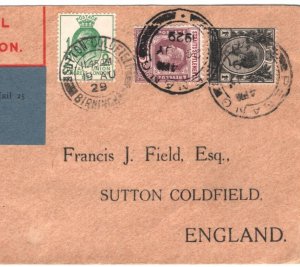 Malaya Straits PENANG Air Mail Cover 1929 GB Sutton Coldfield via Karachi MA1059