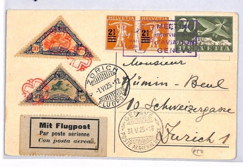 SWITZERLAND AirMail COMIC AVIATION Card 1925 Geneva TRIANGULAR Semi-Postals PH13
