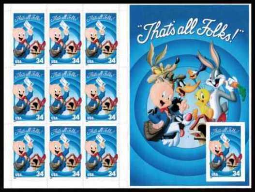 USA 2001 Porky pig  pane of 10 imperf $3.40 MNH SC 3535 YV C3233 (II) MI 3493...