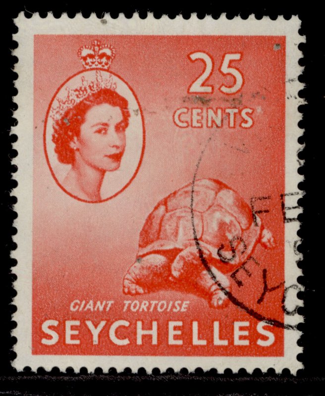 SEYCHELLES QEII SG180, 25c vermilion, FINE USED.