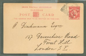 Zanzibar  1901 1 Anna carmine on buff, short message, mounting mark on reverse, arrival cancel reverse