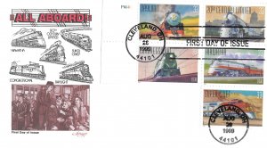 1999 FDC, #3337a, 33c Locomotives, Artmaster, block of 5