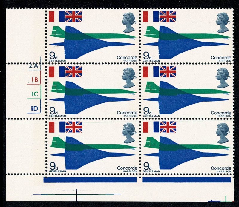 GB 1969 Concorde 9d Cyl. 2A 1B 1C 1D no dot bottom left block of six.