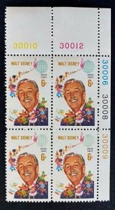 1968 Walt Disney Plate Block Of 4 6c Postage Stamps, Sc# 1355, MNH, OG