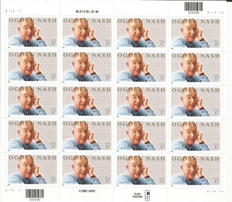 U.S. Scott #3659 Ogden Nash - Mint NH Sheet