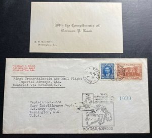 1939 Montreal Canada First Flight Cover to Washington DC USA Imperial Airways