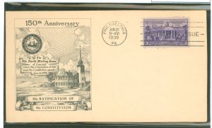 US 835 1938 3c Ratification of the US Constitution on an unaddressed first day cover with an Historic arts cachet.