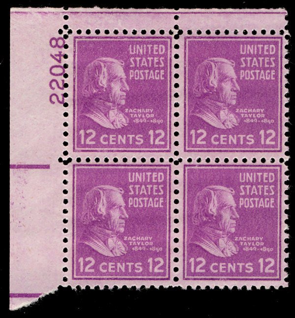 US #817 PLATE BLOCK, VF/XF mint never hinged, 12c Taylor,  Post office fresh!...