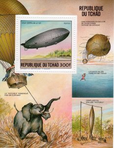 Chad 1984 Mi#Bl.225A Graf Zeppelin-J.Verne Ballon-Elephant S/S Perforated MNH