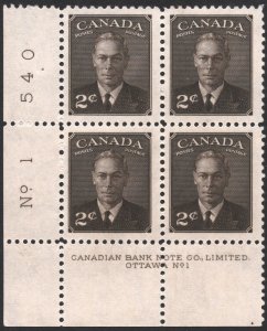 Canada SC#285 2¢ King George VI (Wilding) Plate Block: LL # (1949) MLH