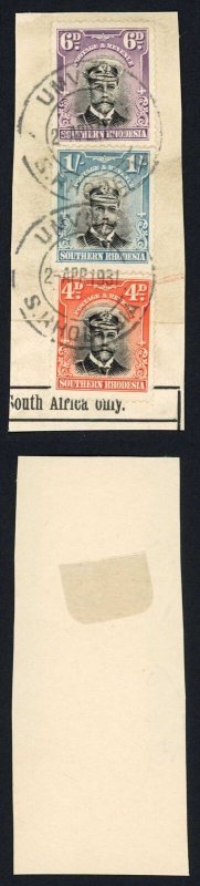 Southern Rhodesia SG10 SG7 SG6 1/- 6d and 4d Values Perf 14 Used on Piece