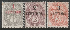 French Morocco 1908 Sc 11-13 MH small toning spots on 11-12, some DG on 13