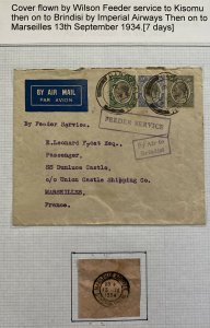 1934 Dar Es Salam Tanganyika Feeder Service Airmail Cover To Marseille France