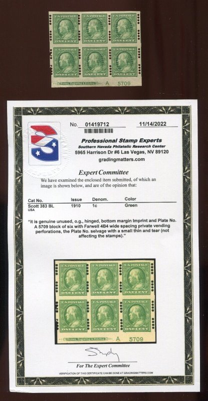 383 Farwell Group 4 4B4 Perfs Plate Block of 6 Stamps with PSE Cert (Bz 1174)