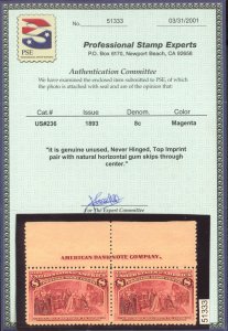 U.S. #236 MINT PAIR WITH PSE CERT