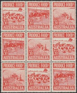 Australia 1953 Sc#253-255 3-1/2d Red Food Production Block of 3 strips MNH-VF.