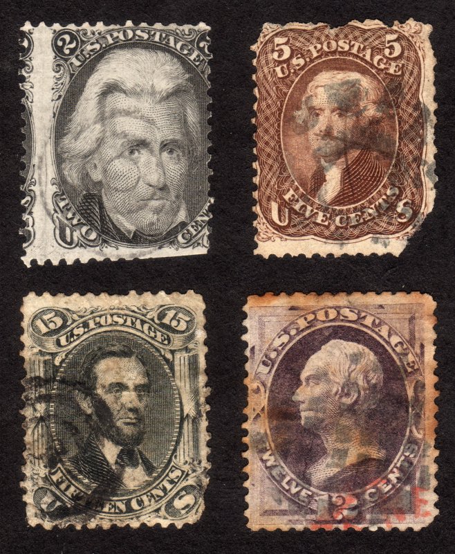 1860's US lot of 4 stamps, Sc 73,76,77,151