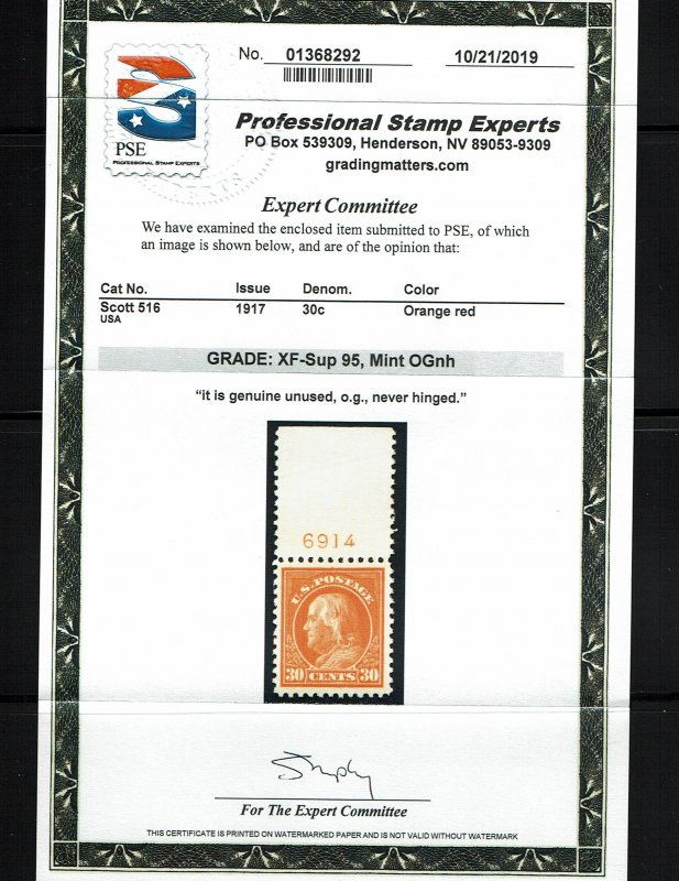 Scott #516 XF/Sup-OG-NH. With 2019 PSE certificate