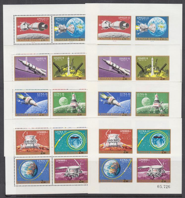 Hungary Sc C308-C311 MNH. 1970-1971 Manned Space Miissions, perf & imperf S/S-s 