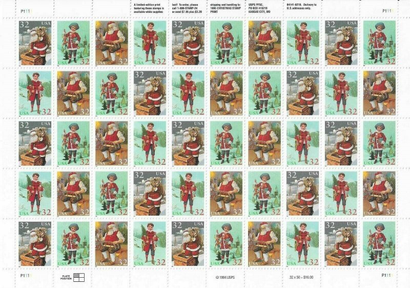 Santa and Children Sheet of Fifty 32 Cent Postage Stamps Scott 3004-07