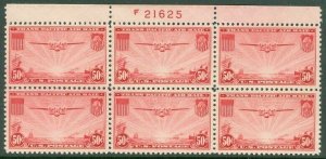 EDW1949SELL : USA 1937 Scott #C22 Top PL# Block of 6 XF, MNH Scarce. Cat $85++