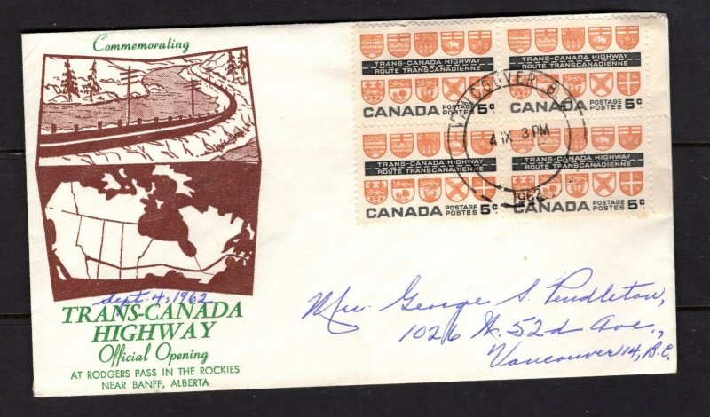 Canada  1962 Trans Canada #400 block of 4 FDC Unknown-B cachet addressed