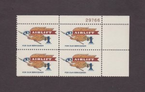 US, 1341, AIRLIFT FOR SERVICEMEN, MNH, VF, PLATE BLOCK COLLECTION MINT NH