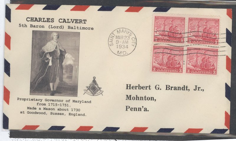 US 736 1934 3c Maryland Tercentary bl of 4 on an addressed FDC with a cachet by an unknown publisher