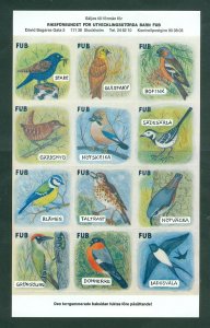 Sweden. Poster Stamp Sheet. MNH. FUB.  Nat. Assoc. Autistic Children.12  Birds.