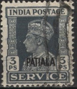 India: Patiala O63 (used) 3p George VI, slate (1942)