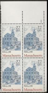 US 2341 Statehood Massachusetts 22c plate block UR 1 MNH 1988