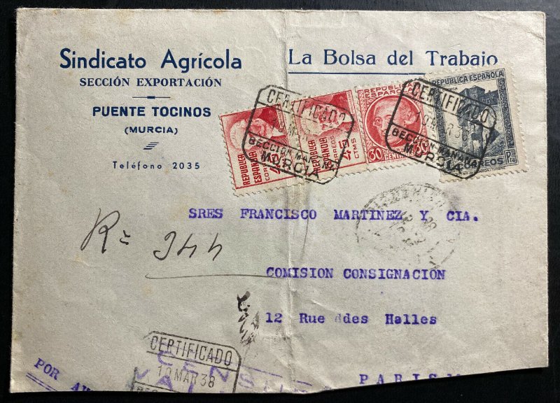 1938 Murcia Spain Agricultural Union Certified Cover To Paris France 