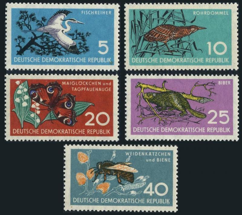 Germany-GDR 434-438,hinged.Mi 688-692. Heron,Bittern,Butterfly,Beaver,Bee,1959.