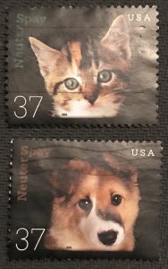 US #3670-3671 Used 2 Singles Cat & Dog Neuter & Spay SCV $.50 L42