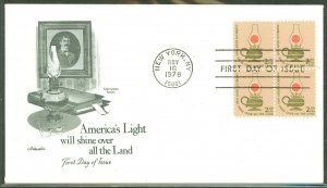 US 1611 (1978) Oil lamp (part of the Americana series) block of four - on an unaddressed First Day cover with an Artmaster cache