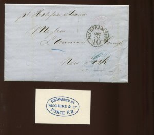 PUERTO RICO STAMPLESS COVER 1868 WEICHERS & CO. FORWARDING AGENT TO NEW YORK